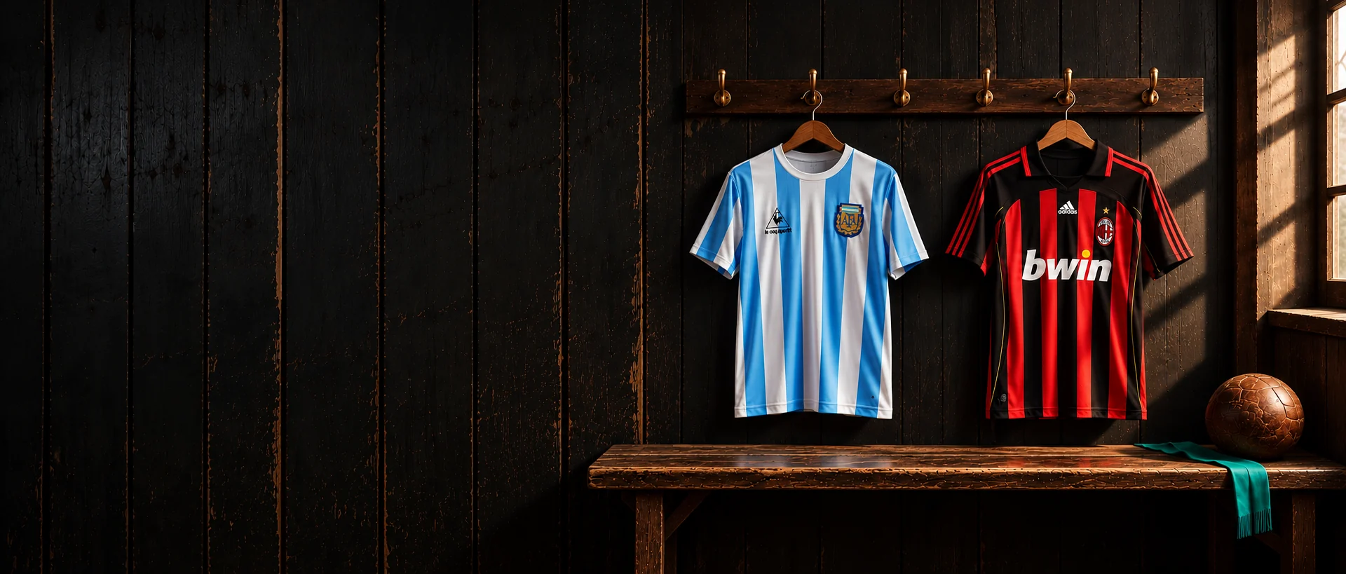 Camisetas retro de Argentina y Milan en un vestuario de archivo